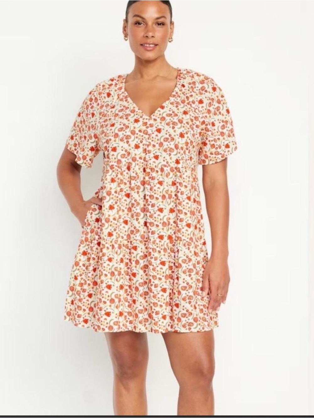 Old Navy Tall White & Orange Floral V-Neck Dress XXL Tall